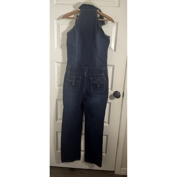 VTG AC-3998 Denim Jumpsuit Womens L Sherpa Collar Dark Wash Bootcut Y2K Festival - Picture 2 of 14